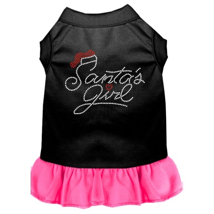 Santa's Girl Rhinestone Dog Dress Black with Bright Pink Lg