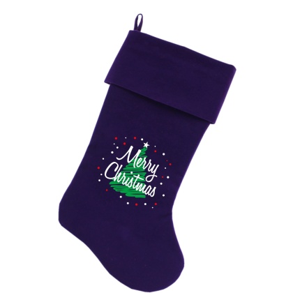 Scribbled Merry Christmas Screen Print 18 inch Velvet Christmas Stocking Purple