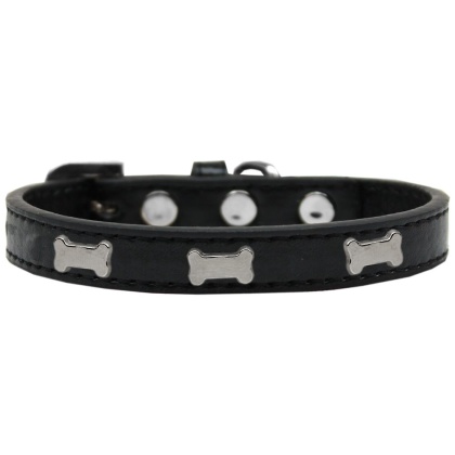 Silver Bone Widget Dog Collar Black Size 10