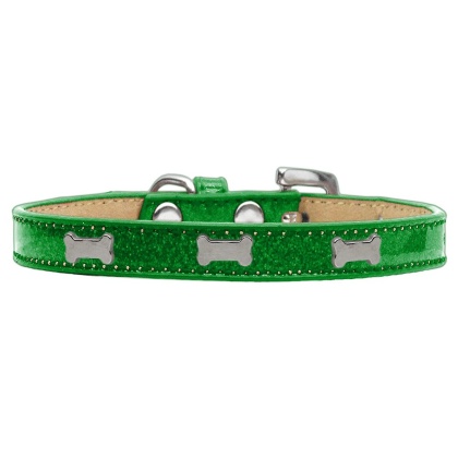 Silver Bone Widget Dog Collar Emerald Green Ice Cream Size 10