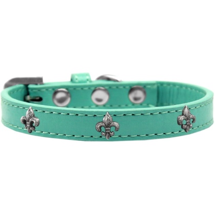 Silver Fleur De Lis Widget Dog Collar Aqua Size 10