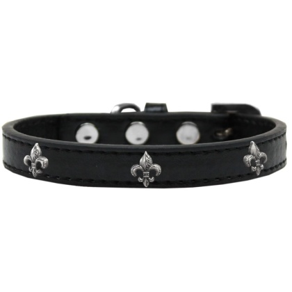 Silver Fleur De Lis Widget Dog Collar Black Size 10