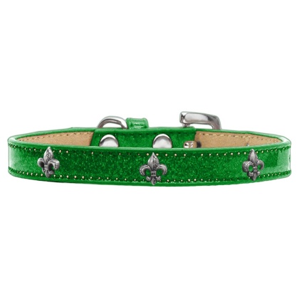 Silver Fleur De Lis Widget Dog Collar Emerald Green Ice Cream Size 10
