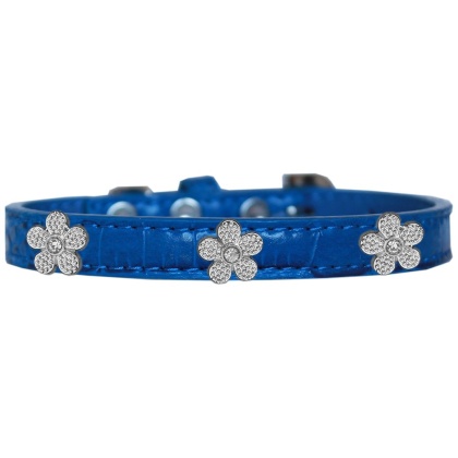 Silver Flower Widget Croc Dog Collar Blue Size 10