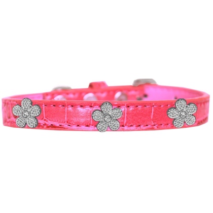 Silver Flower Widget Croc Dog Collar Bright Pink Size 10