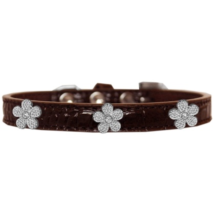 Silver Flower Widget Croc Dog Collar Chocolate Size 10