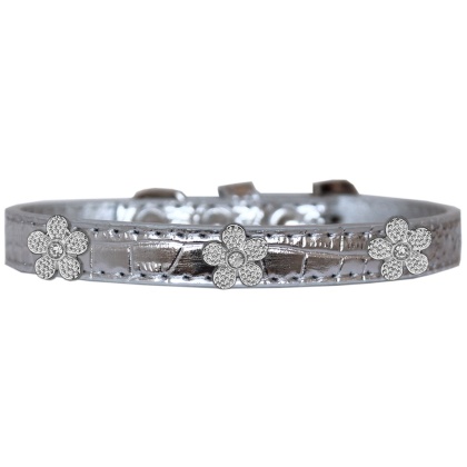 Silver Flower Widget Croc Dog Collar Silver Size 10