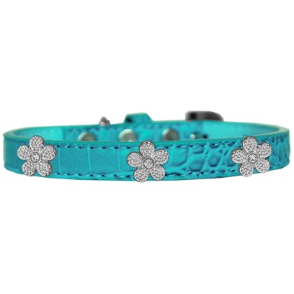 Silver Flower Widget Croc Dog Collar Turquoise Size 10