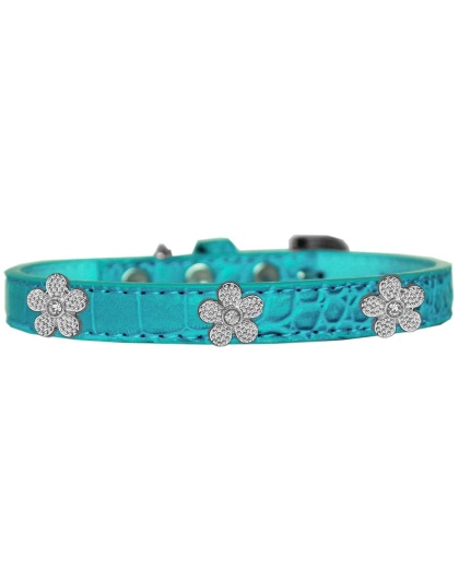 Silver Flower Widget Croc Dog Collar Turquoise Size 10