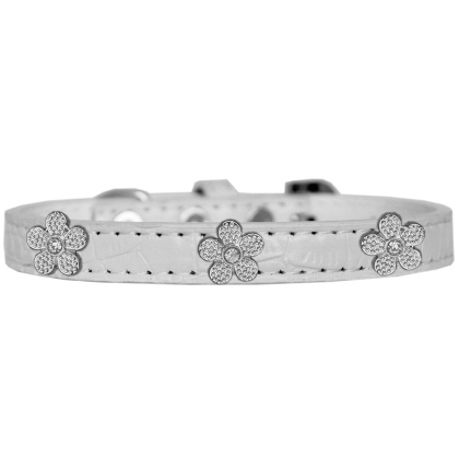Silver Flower Widget Croc Dog Collar White Size 10