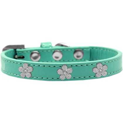 Silver Flower Widget Dog Collar Aqua Size 10