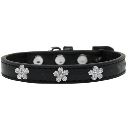 Silver Flower Widget Dog Collar Black Size 10