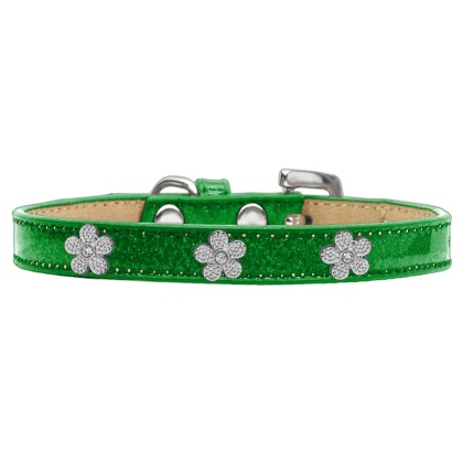 Silver Flower Widget Dog Collar Emerald Green Ice Cream Size 10