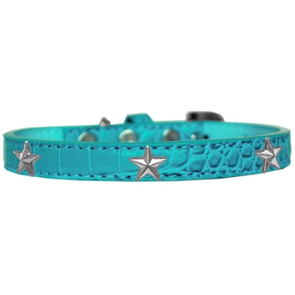 Silver Star Widget Croc Dog Collar Turquoise Size 10