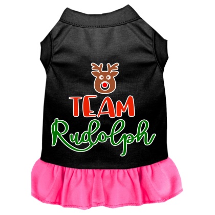 Team Rudolph Screen Print Dog Dress Black with Bright Pink Lg