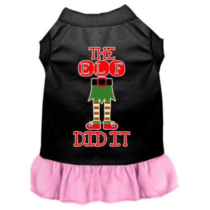 The Elf Did It Screen Print Dog Dress Black with Light Pink Lg