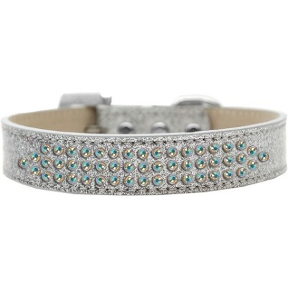 Three Row AB Crystal Ice Cream Dog Collar Silver Size 12