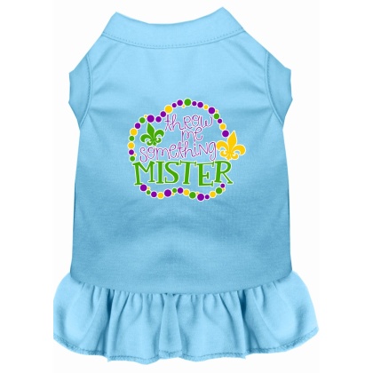 Throw me Something Screen Print Mardi Gras Dog Dress Baby Blue 4X