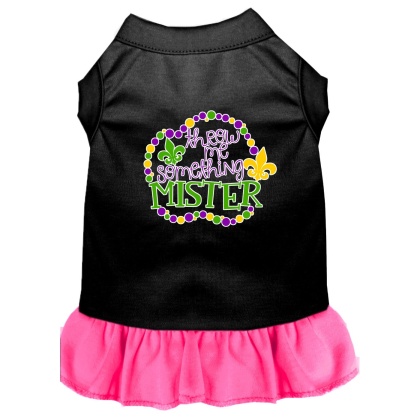 Throw me Something Screen Print Mardi Gras Dog Dress Black with Bright Pink Lg