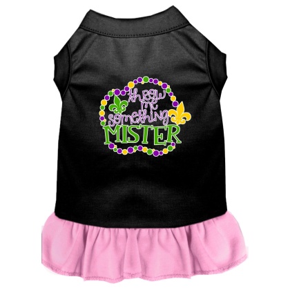 Throw me Something Screen Print Mardi Gras Dog Dress Black with Light Pink Lg