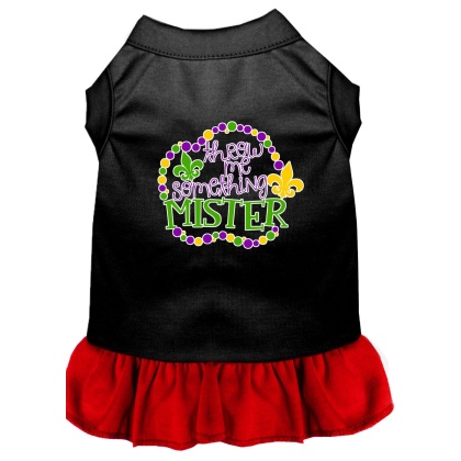 Throw me Something Screen Print Mardi Gras Dog Dress Black with Red Lg