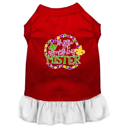 Throw me Something Screen Print Mardi Gras Dog Dress Red with White Lg