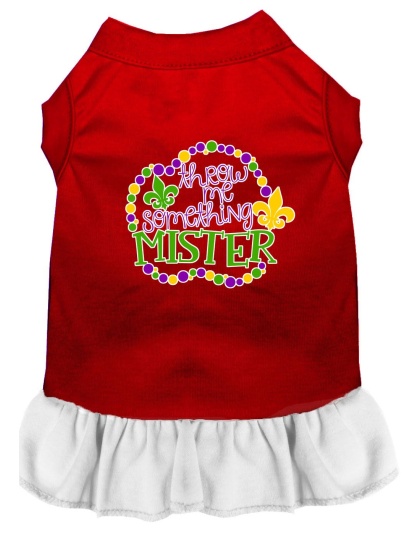 Throw me Something Screen Print Mardi Gras Dog Dress Red with White Lg