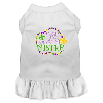 Throw me Something Screen Print Mardi Gras Dog Dress White 4X