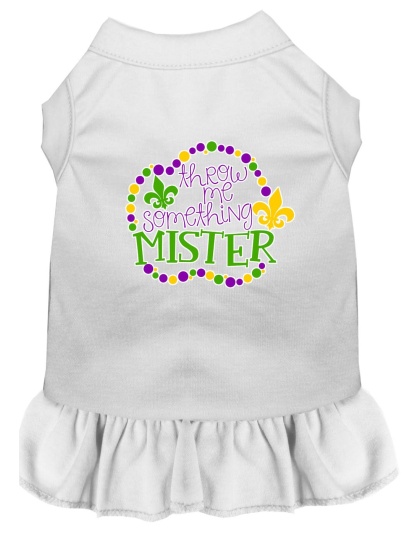 Throw me Something Screen Print Mardi Gras Dog Dress White 4X