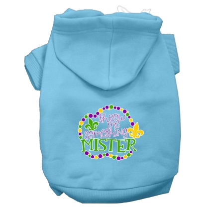 Throw me Something Screen Print Mardi Gras Dog Hoodie Baby Blue L