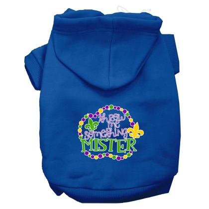 Throw me Something Screen Print Mardi Gras Dog Hoodie Blue L