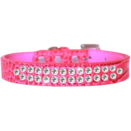 Two Row Clear Jewel Croc Dog Collar Bright Pink Size 12