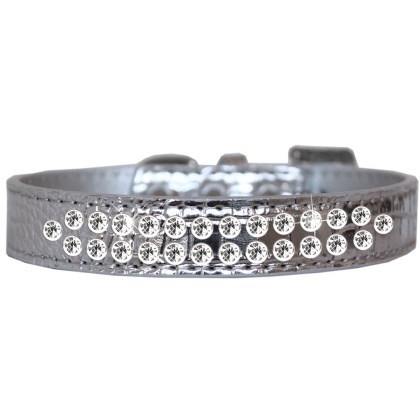 Two Row Clear Jewel Croc Dog Collar Silver Size 12