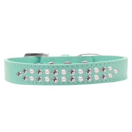 Two Row Pearl and Clear Crystal Size 12 Aqua Dog Collar