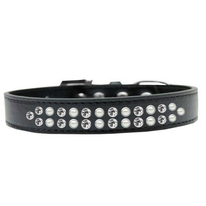 Two Row Pearl and Clear Crystal Size 12 Black Dog Collar