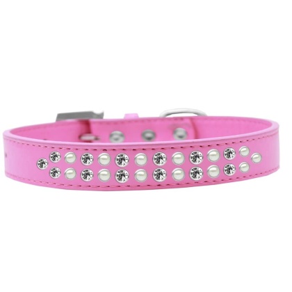 Two Row Pearl and Clear Crystal Size 12 Bright Pink Dog Collar