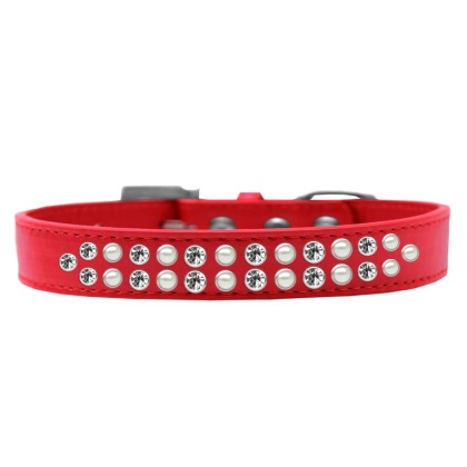 Two Row Pearl and Clear Crystal Size 12 Red Dog Collar