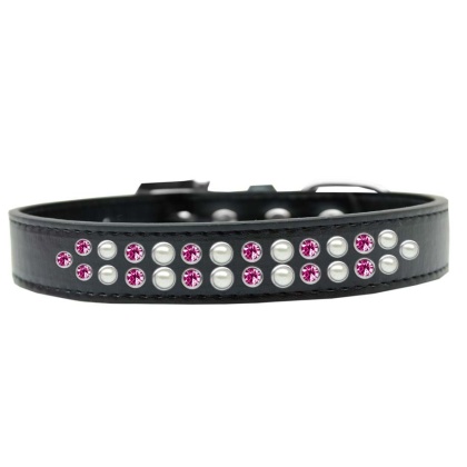 Two Row Pearl and Pink Crystal Size 12 Black Dog Collar