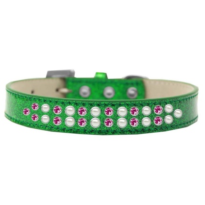 Two Row Pearl and Pink Crystal Size 12 Emerald Green Ice Cream Dog Collar
