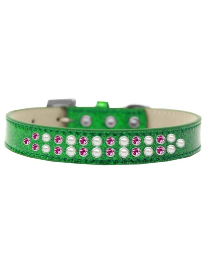 Two Row Pearl and Pink Crystal Size 12 Emerald Green Ice Cream Dog Collar