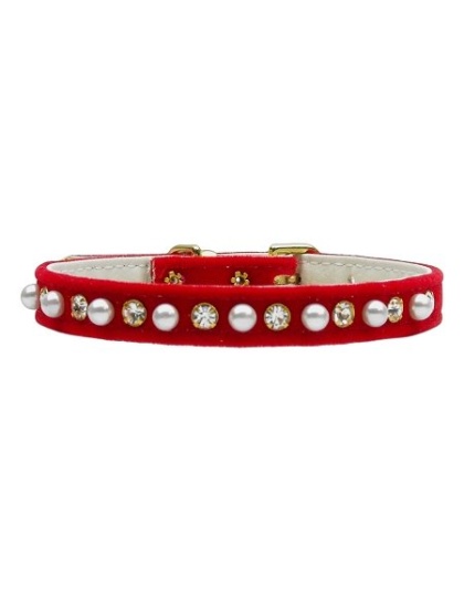 Velvet 3/8" Pearl and Clear Crystals Collar Red 10