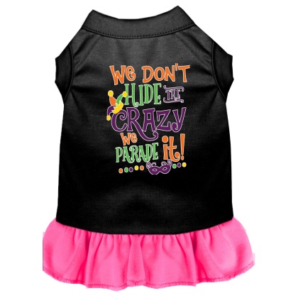 We Don't Hide the Crazy Screen Print Mardi Gras Dog Dress Black with Bright Pink Lg