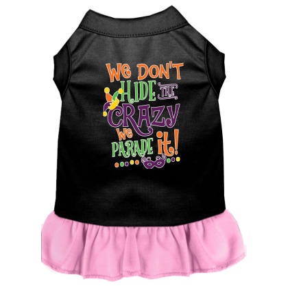 We Don't Hide the Crazy Screen Print Mardi Gras Dog Dress Black with Light Pink Lg
