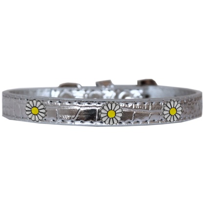 White Daisy Widget Croc Dog Collar Silver Size 10